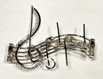 Vintage Sterling Silver White Rhinestone Music Brooch