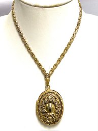 Vintage Goldtone Locket On Chain Signed Karu