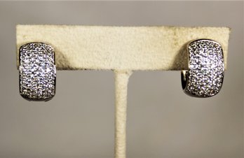 Fine Pair Sterling Silver White Stone Wide Hinged Hoop Earrings