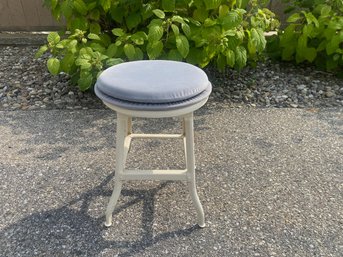 White Metal Stool With Grey Upholstered Top