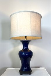 Cobalt Blue Curvy Base Lamp With Concave Ribbed Barrel Shade - Tested And Working