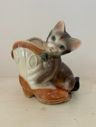 Vintage 1950's Royal Copley Pottery Kitten With Cowboy Boot Planter