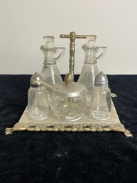 Vintage Glass Metal Plate Table Condiment Service Salt, Pepper, Oil, Vinegar, Sauce
