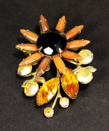 VINTAGE RHINESTONE ORGANGE FLOWER BROOCH 1960S