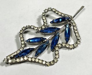 Vintage Blue And White Rhinestone Stylized Leaf Brooch