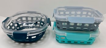 3 New Covered To-Go Storage Bowls By Ello, Glass With Silicone Covers &  Plastic Lids
