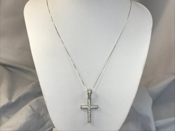 Very Nice Brand New Sterling Silver / 925 - 18' Necklace And Cross - Encrusted In White Zircons Made In Italy