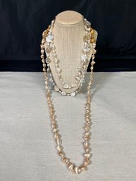 Two Long Sea Inspired Necklaces - Vintage Shell With Pearl And Chico's Shell WithWooden Beads