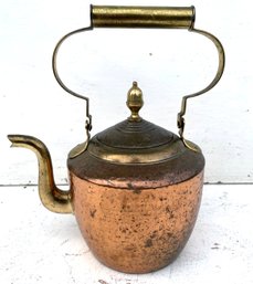 A Large And Lovely Antique Copper Tea Kettle With Brass Handle