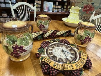 5pc. Grape Canisters And Clock