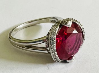 UNIQUE SETTING STERLING SILVER RUBY AND WHITE STONE RING