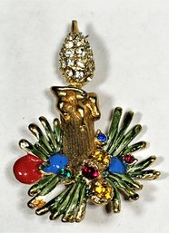 Vintage Gold Tone Enamel Rhinestone Christmas Candle Brooch