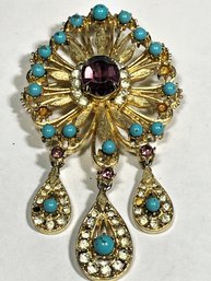 Vintage Signed 'Francois' Gold Tone Rhinestone And Faux Turquoise Brooch (missing Some Stones)