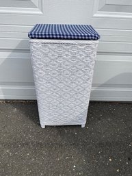 Vintage White Painted Wicker Hamper W/ Upholstered Top