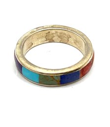 Vintage Sterling Silver Multi Color Inlay Ring Band, Size 7.5