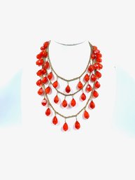 Bold & Bright Goldtone Triple Strand Tangerine Teardrop Necklace & Earring Set