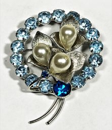 Light Blue Rhinestone And Faux Pearl Brooch