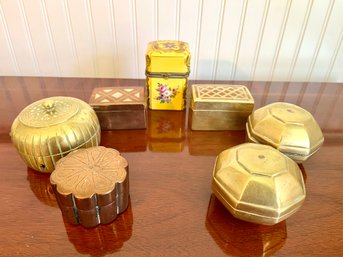 A Group Of Brass And Copper Antique Boxes And A Dresden China Box