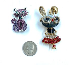 Two Fabulous Feline Rhinestone Brooches