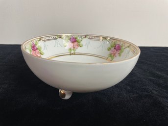 Vintage Hand Painted Nippon Footed Porcelain Bowl With Pink Green Flowers Gold Trim