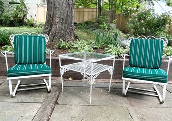 Pair Of Vintage Wrought Iron Rocker Chairs With Cushions And Matching Side Table