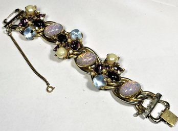 Fabulous Gold Tone Art Glass Rhinestone Faux Pearl Large Costume Bracelet