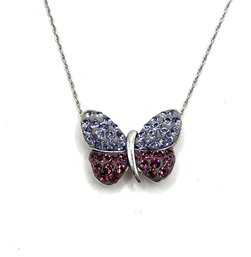 Vintage Sterling Silver Two Tone Purple Rhinestone Butterfly Necklace