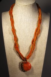 Costume Contemporary Orange Beaded Glass Necklace Having Peacock Pendant Rhinestones