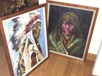 Fine Vintage Pair Of Native American Oil Paintings- Artist Signed In Burled Wood Frames