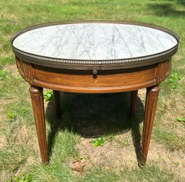 Pretty Vintage Oval Marble Top Table With Drawer And Pull Out Leather Shelf