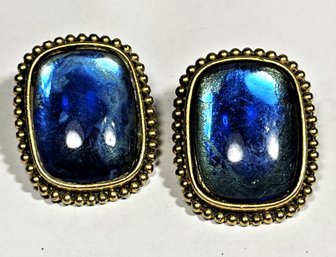 Pair Large Yves St. Laurent Blue Stone Gold Tone Designer Earrings Ear Clips