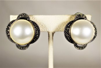 Large Sterling Silver Faux Pearl And Marcasite Clip Earrings