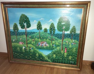 Massive Vintage  OIL PAINTING By Well Listed Dominican Artist CLAUDE ALEXIS- Villagers Tending To Crops