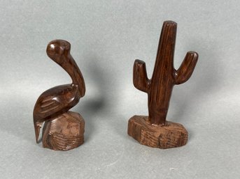 Carved Wooden Cactus & Bird Figures