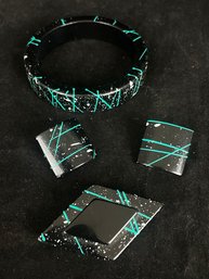 Hand-painted, Turquoise And Black Bracelet, With Pair Of Matching Earrings And Pin