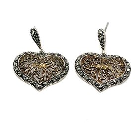 Beautiful Vintage MARC Designer Sterling Silver Two Toned Marcasite Heart Dangle Earrings