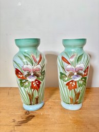 Pair Of Hand Painted Glass Vases