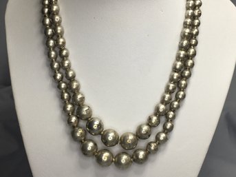 Very Nice Vintage Double Strand Sterling Bead Necklace - Made In Mexico - 15-1/2' - Needs Polishing - Nice !