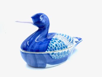 Large Vintage Blue & White Asian Export Lidded Duck Dish