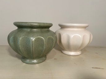 Haeger Pottery Green Speckled And Ivory Ribbed Vase - Set Of 2