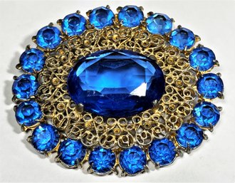 Large Blue Rhinestone Brooch Oval Form 1930s