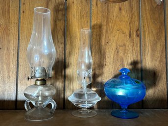 OIL LAMPS AND A CARNIVAL CANDY DISH
