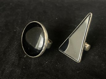 Dramatic, Pair Of Geometric, Black Onyx And Silver Rings, One For Each Hand