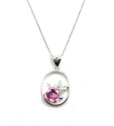 Vintage Sterling Silver Pink Rose Pendant Necklace