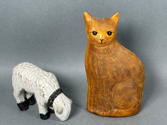 Quality Made Wood Carved Cat & Lamb Figures