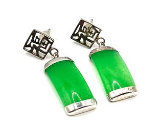 Vintage Sterling Silver Asian Inspired Jade Color Dangle Earrings