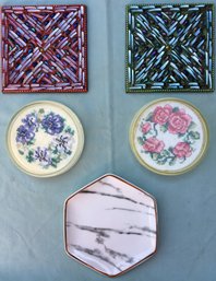 Lot Of 5 Vintage Unusual Mosaic / Cross Stitch Coasters / Mint Candy Dish