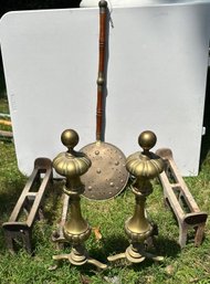 Vintage Brass Andirons, Log Holders, And Copper Foot Warmer