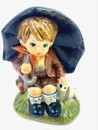 Vintage Unmarked Figurine Of Boy W/ Dog Under Umbrella