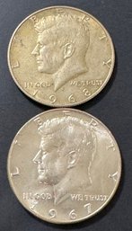 2 Forty Percent Silver Kennedy Half Dollars 1967, 1968-D